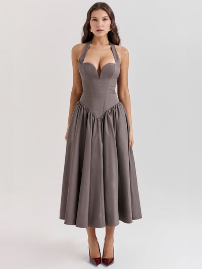 Halter Neck Midi Dress with Side Slit - Smoky Gray