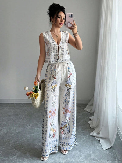 Tie-Up Vest & Wide-Leg Pants Set – Sky Blue Print