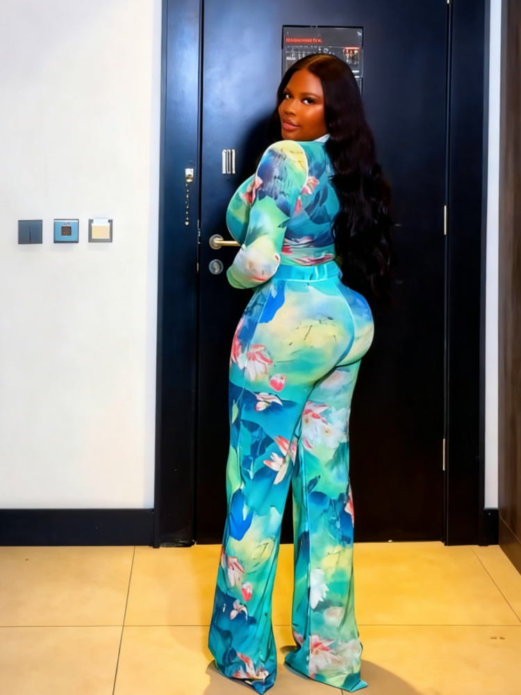 Turquoise Lotus & Leaf Bodysuit Pants Set