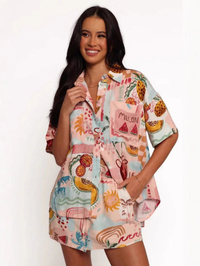 Stylish Linen Print Shirt Shorts Set