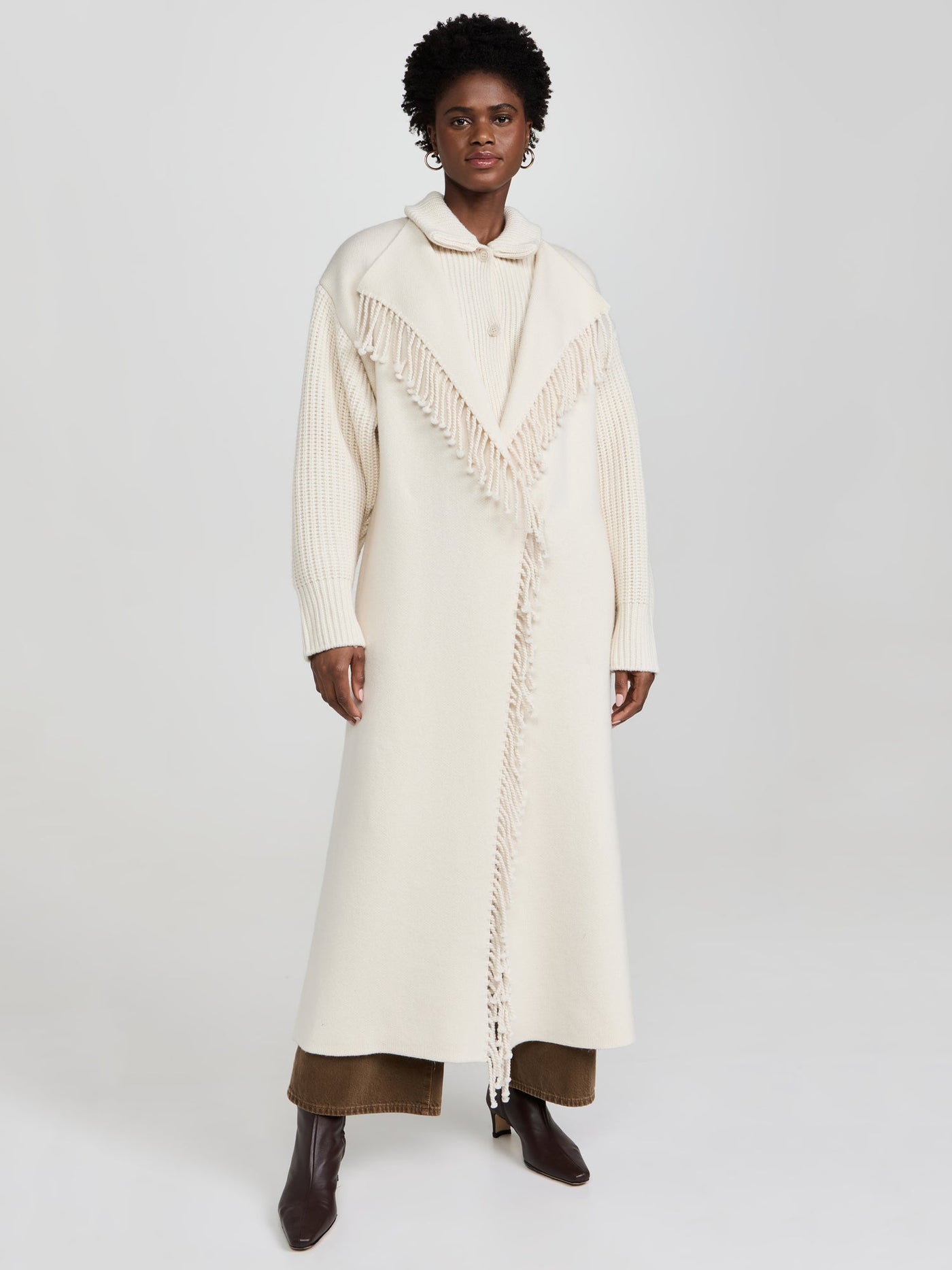 Cream Fringe-Trimmed Knit Longline Coat