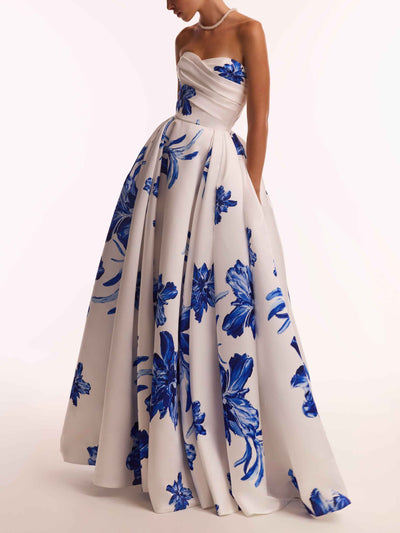 Elegant Off-The-Shoulder Ruffled Fitted Floral Print Maxi Dress