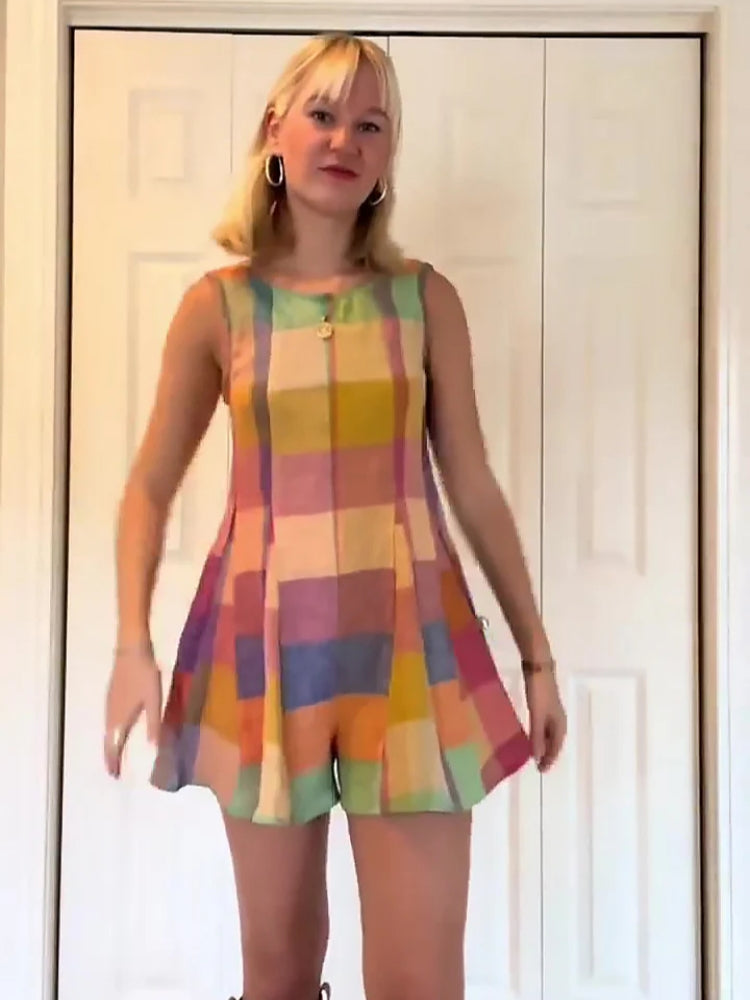 Vibrant Patchwork Grid Sleeveless Jumpsuit