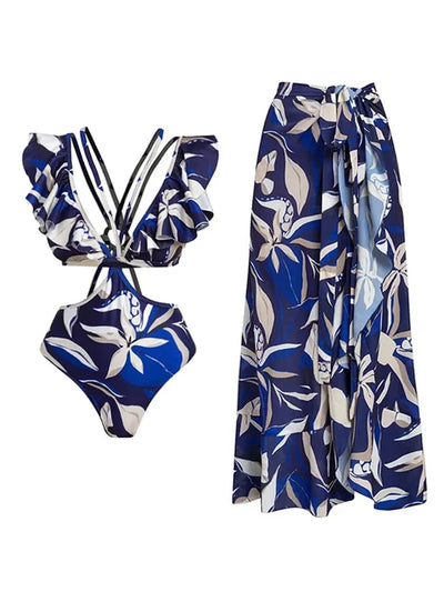 Off-Shoulder Tie-String Printed Cutout Monokini