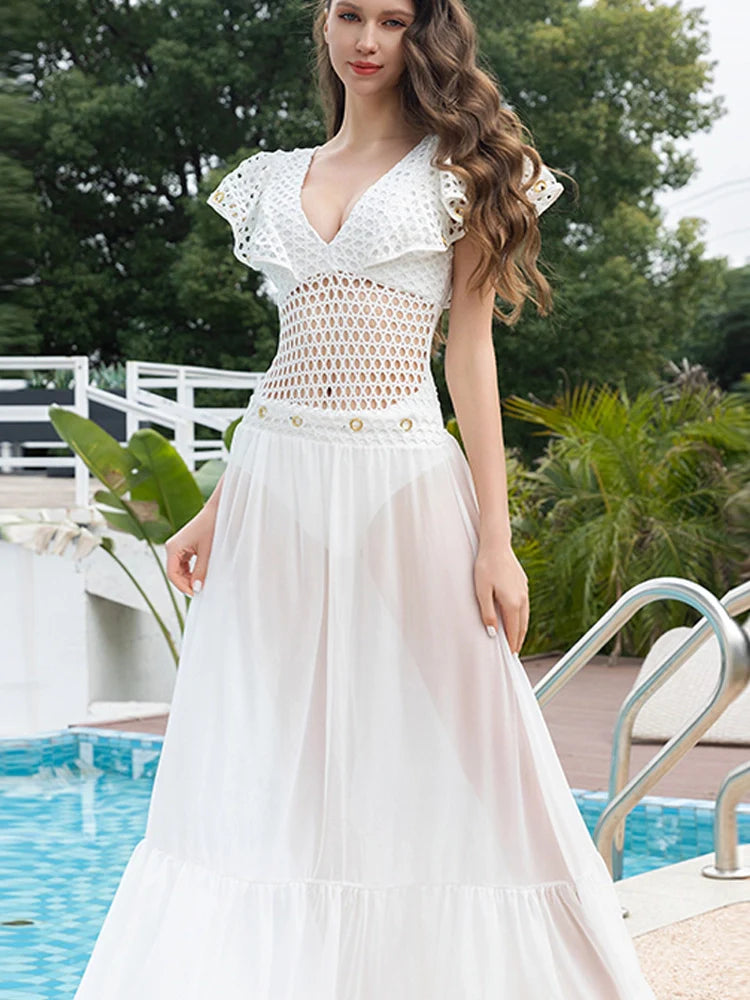 White Fishnet Ruffle Swimsuit Set