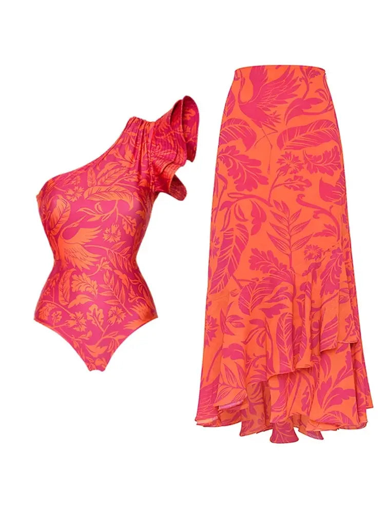 One Shoulder Ruffle Print One Piece Swimsuit Set