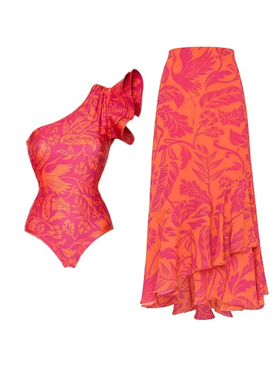 One Shoulder Ruffle Print One Piece Swimsuit Set