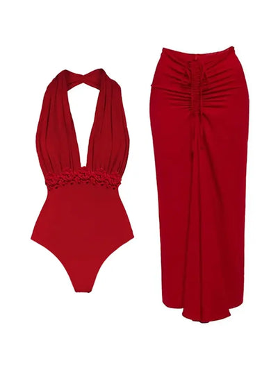 Deep V Halter Solid One Piece Swimsuit Set