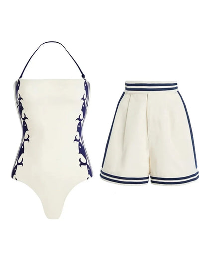 Navy Style One-Piece Swimsuit Set