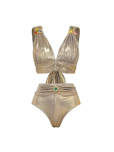 Rhinestone Ruched High-Waist Bikini Set