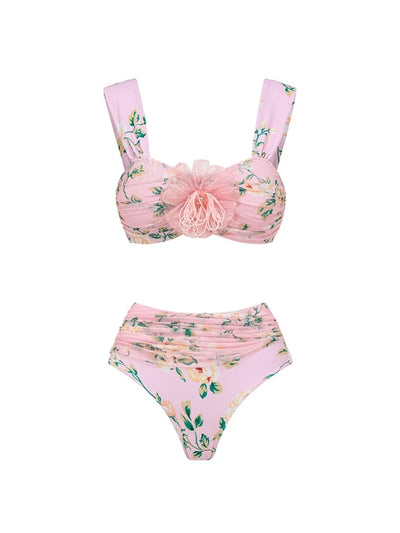 Pink Floral Bikini with 3D Crystal Flowers