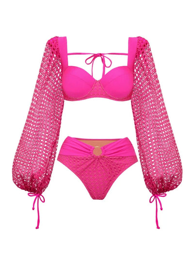 Fluorescent Pink Backless Swimsuit Set