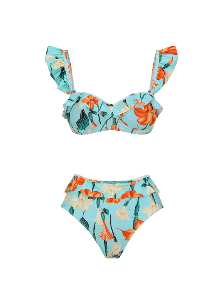 Ruffle Sleeve Trumpet Floral Bikini Set