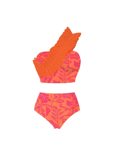 One Shoulder Ruched Print High Waist Bikini Set