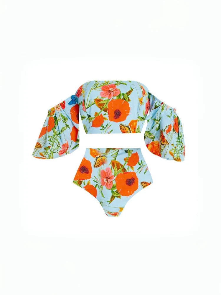 Floral Puff Sleeve High-Waist Bikini Set