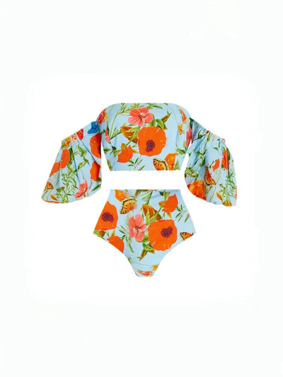 Floral Puff Sleeve High-Waist Bikini Set