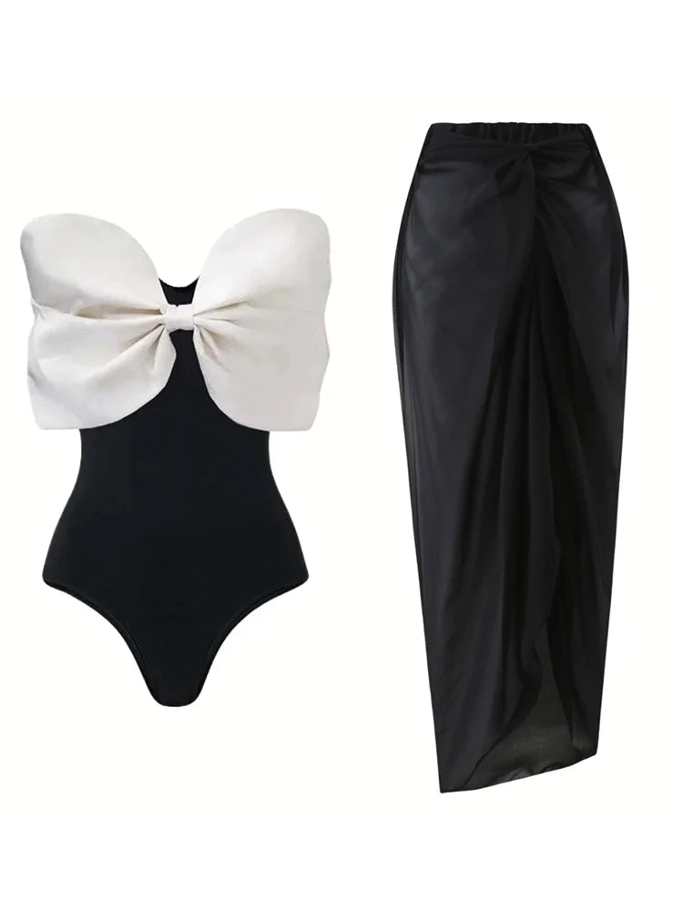 Black and White Bow One Piece Swimsuit Set