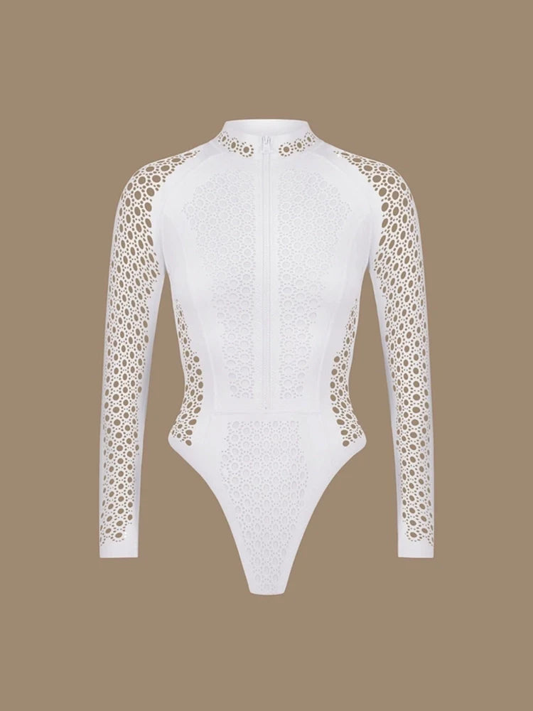 White Mesh Zipper Rash Guard Swimsuit