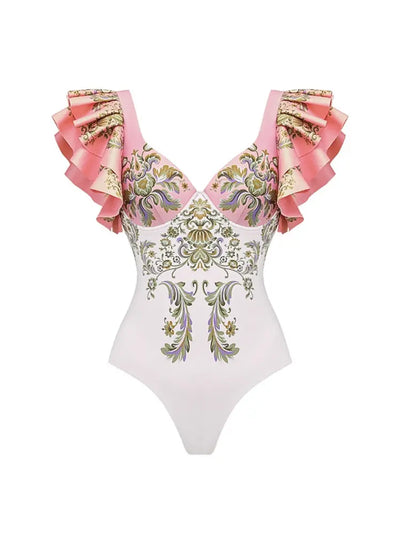 V Neck Ruffle Patchwork Ethnic Print Swimsuit