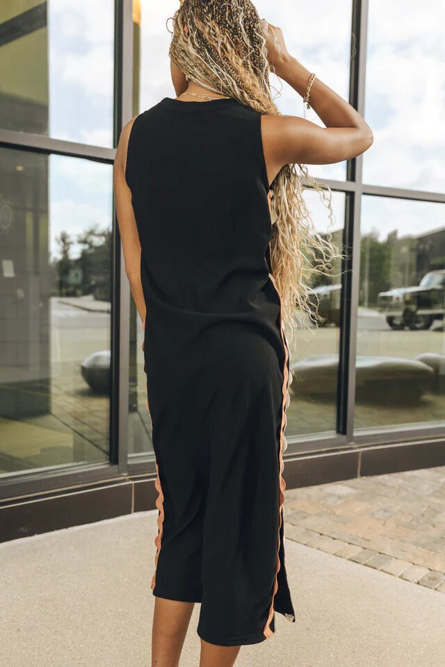 Side Wave Stripes Embellished Side Slit Loose Dress