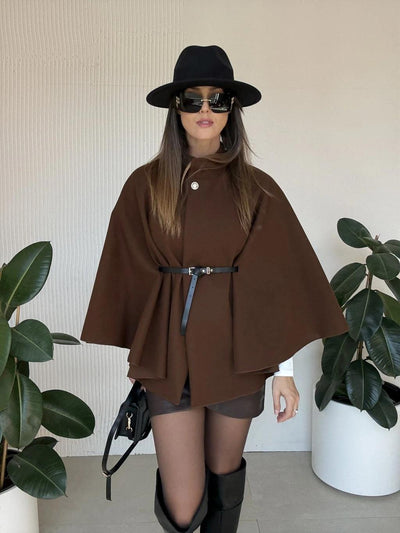 Stand Up Collar Belted Cape Coat