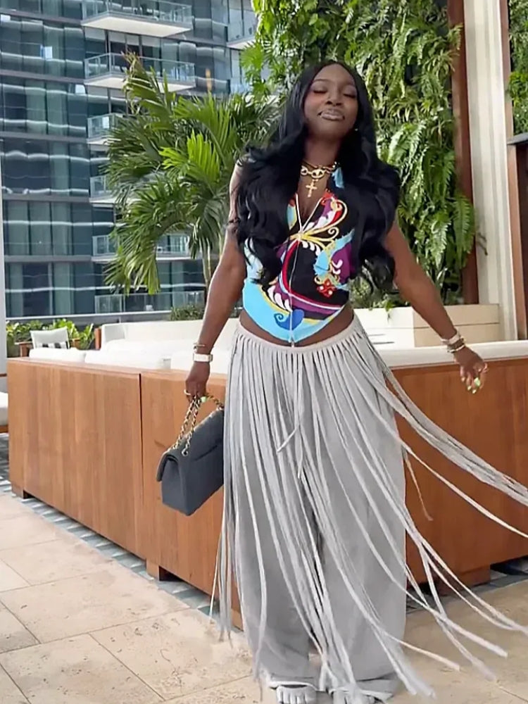 Grey Loose Fringe Pants