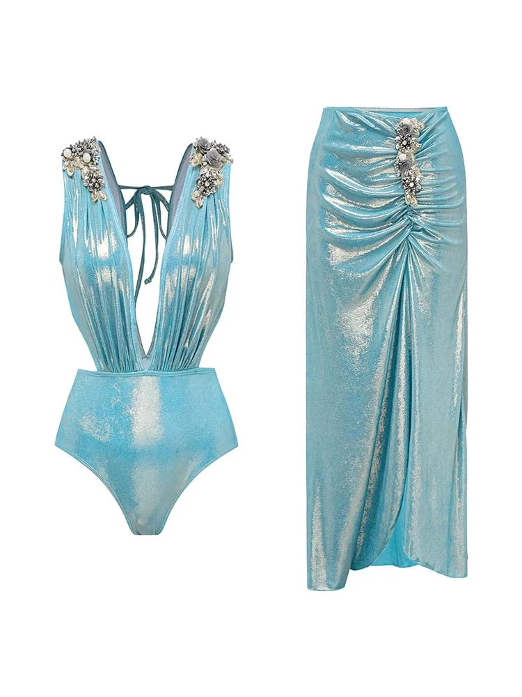 3D Butterfly Blue Glossy Swimsuit Set
