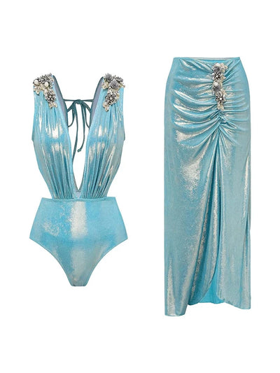 3D Butterfly Blue Glossy Swimsuit Set