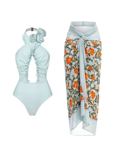 Halter Backless Swimsuit with 3D Floral Set