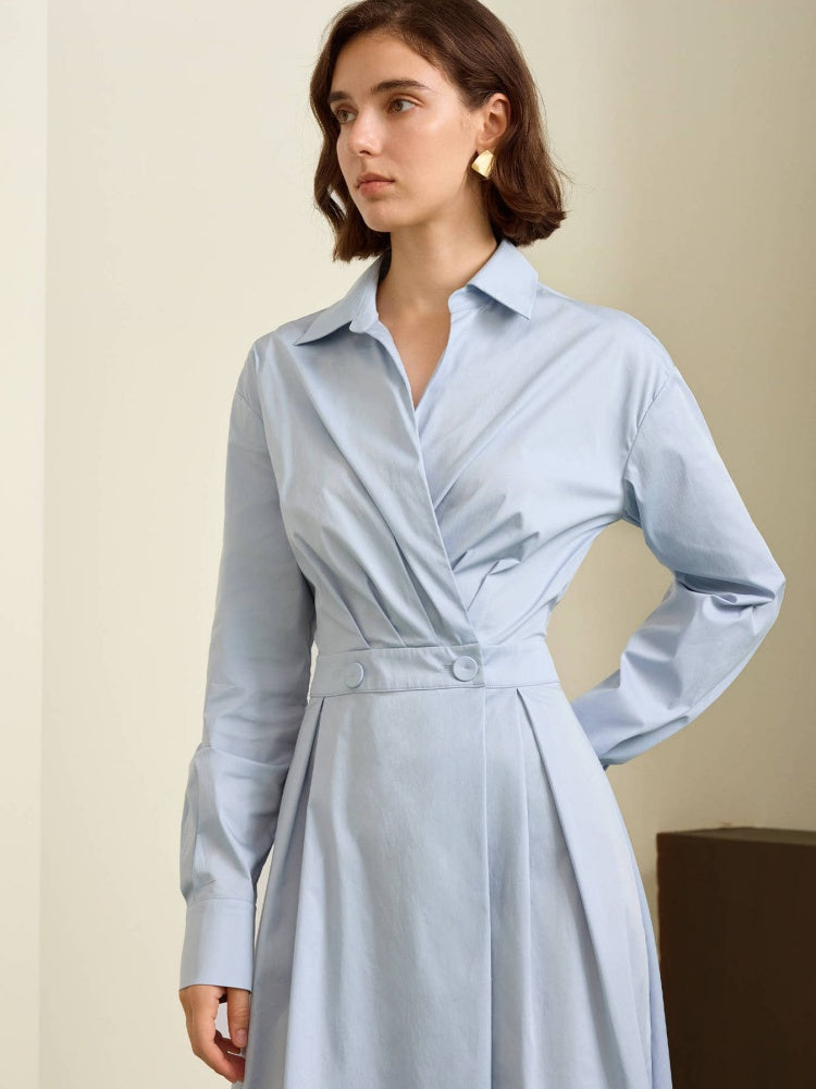 French Blue Belted Shirt Midi Dress