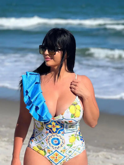 Lemon Print Backless One Piece Swimsuit Set