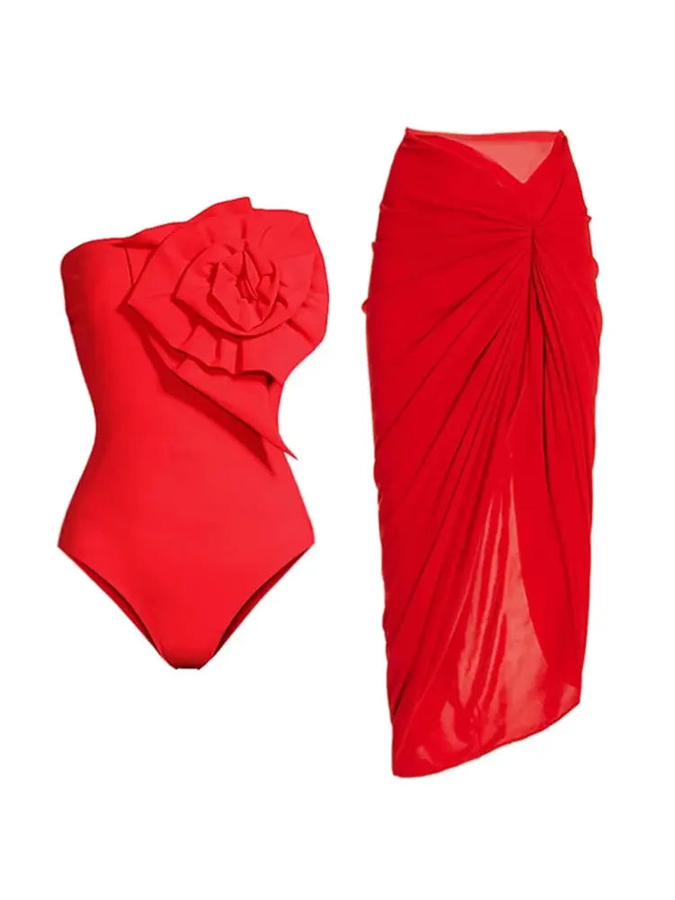 Strapless Floral Accent One-Piece Swimsuit Set