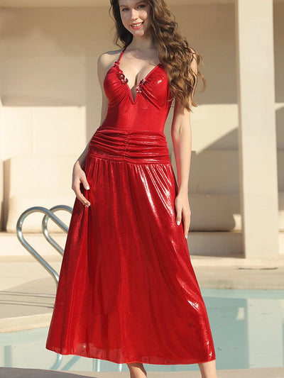 Red Sequin Appliqué Glossy Swimsuit Set