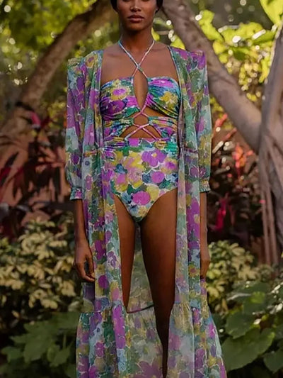 Cutout One Piece Swimsuit Set with Cover Up