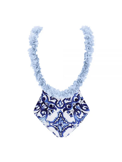 Blue One-Piece Bikini with Handmade Appliqué