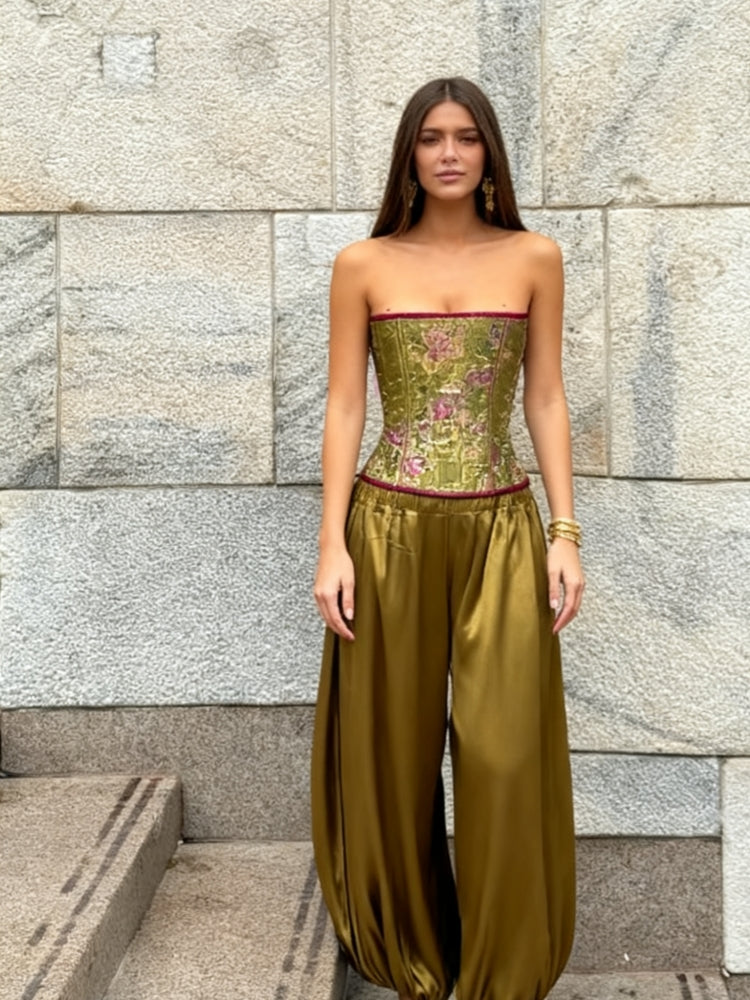 Brocade Corset & Satin Harem Pants Set