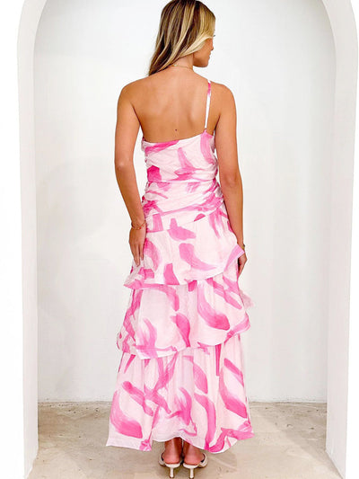 One-Shoulder Strappy Floral Print Dress