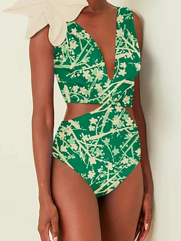 Floral Appliqué Green Printed One-Piece Swimsuit
