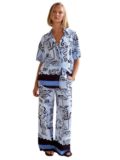 Casual Printed Cardigan Home Set