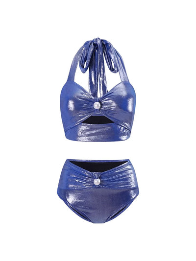 Glossy Mist Deep V Halter Pearl Swimsuit