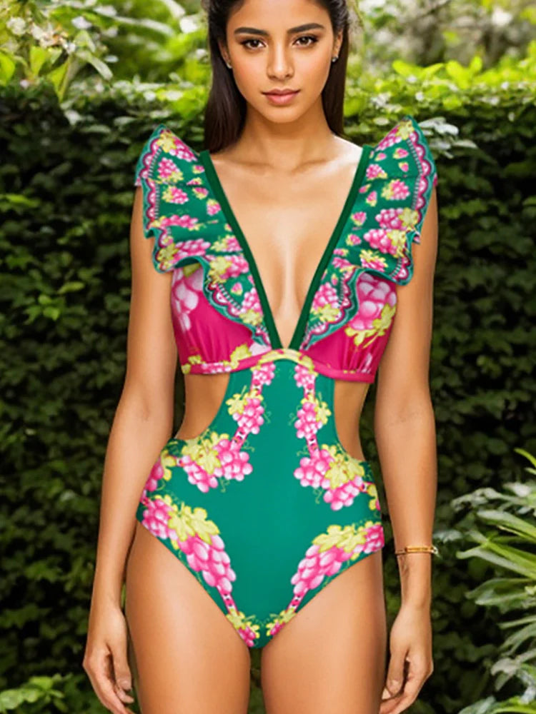 Ruffle Cutout One-Piece Short skirt Set