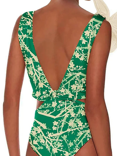 Floral Appliqué Green Printed One-Piece Swimsuit