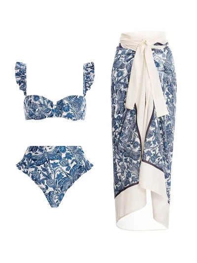 Blue Dragonfly Print Ruffle Bikini Set