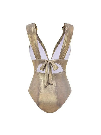 V-Neck Ruched Rhinestone One-Piece Swimsuit