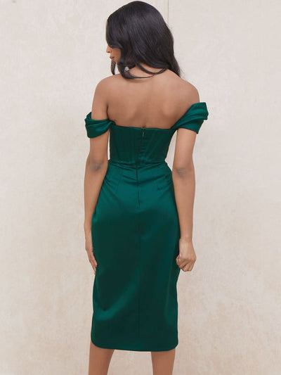 Cap Shoulder Corset Bodycon Midi Dress - Dark Green