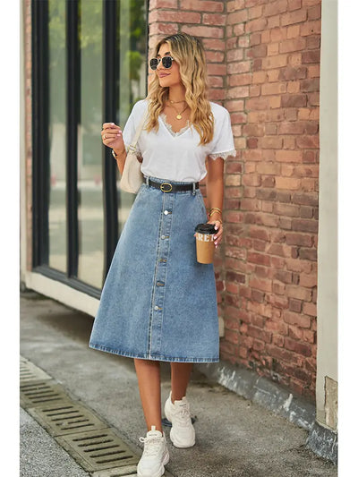 Slimming Washed Denim Button-Down Skirt