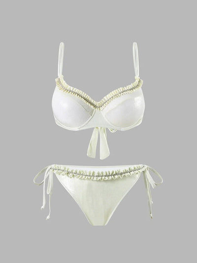 Ruched Tie-String Glossy White Bikini Set