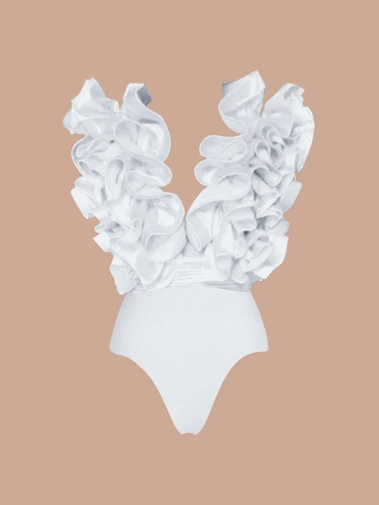 White V-Neck Ruffle Swimsuit