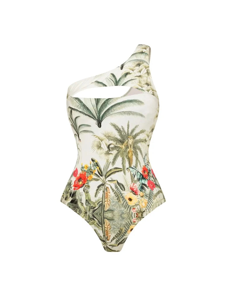 One-Shoulder Cutout Tropical Print Swimsuit