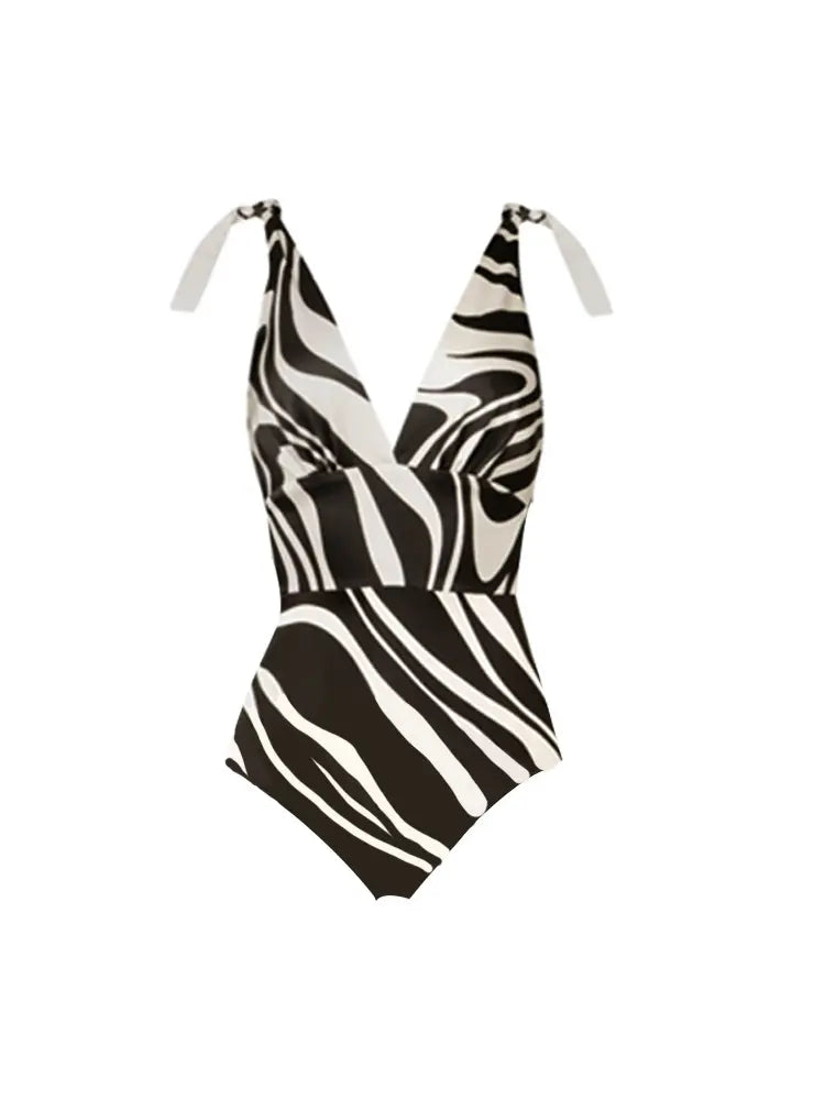 Deep V Striped Monochrome Elegant Swimsuit